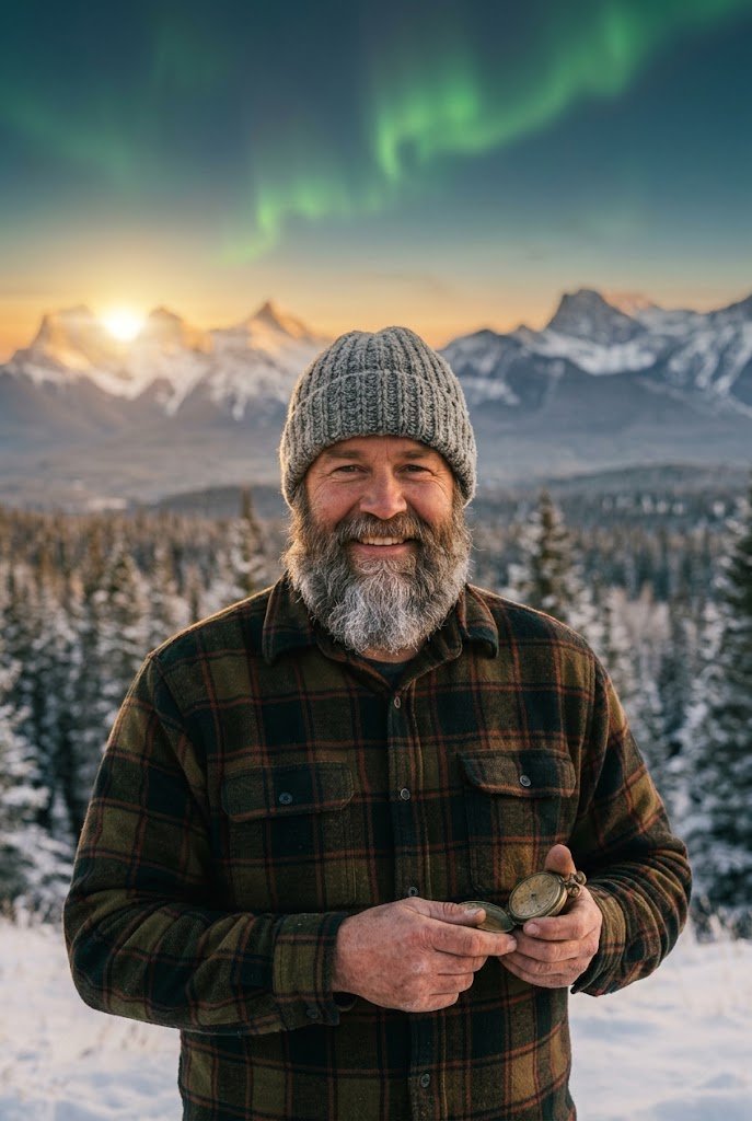 Alaska Time as a bearded man in a knit beanie and heavy plaid jacket holding a pocket watch, snowy mountains and green aurora behind.