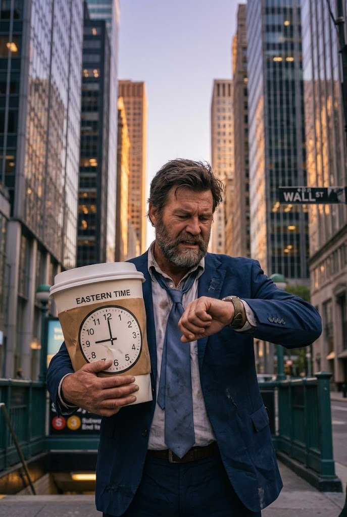Eastern Time as a stressed businessman in a rumpled suit checking his watch, holding a giant coffee cup on Wall Street.