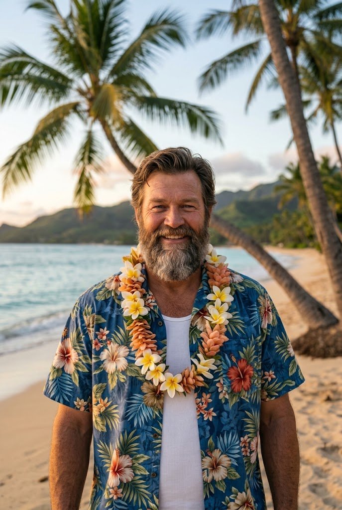 Hawaii Time as a relaxed bearded man in an aloha shirt and flower lei on a palm-lined beach, no watch in sight.