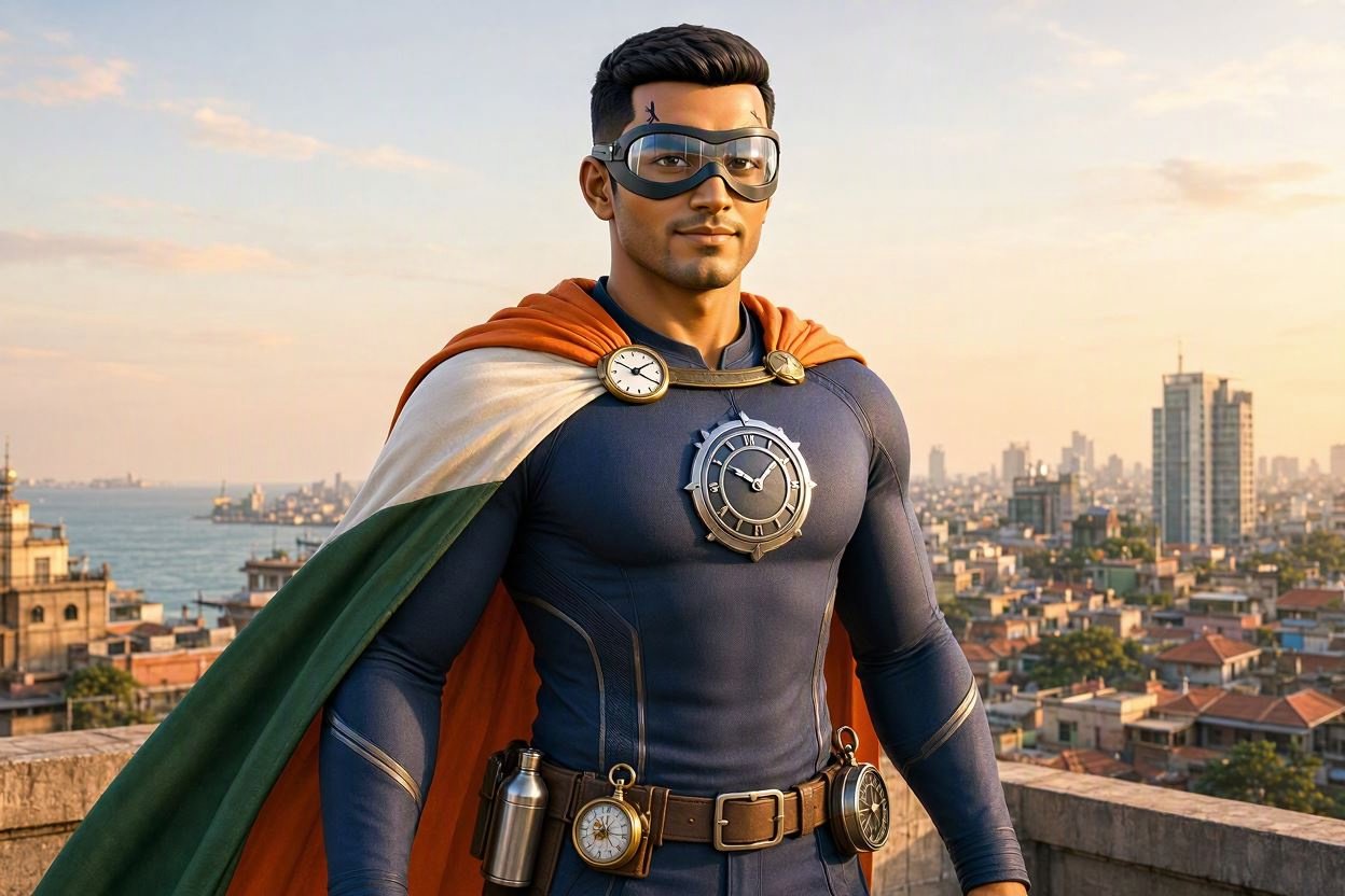 India Standard Time as a superhero in a navy suit with a saffron-white-green cape and a clock emblem on his chest, coastal city skyline behind him.