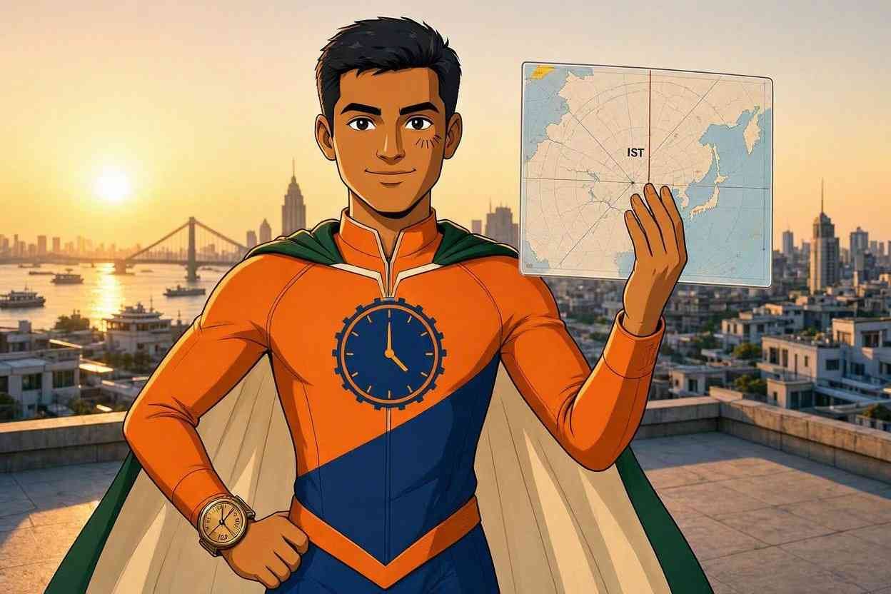 India Standard Time as a comic-style superhero in an orange and blue suit holding a world map marked IST, city skyline at sunset behind him.