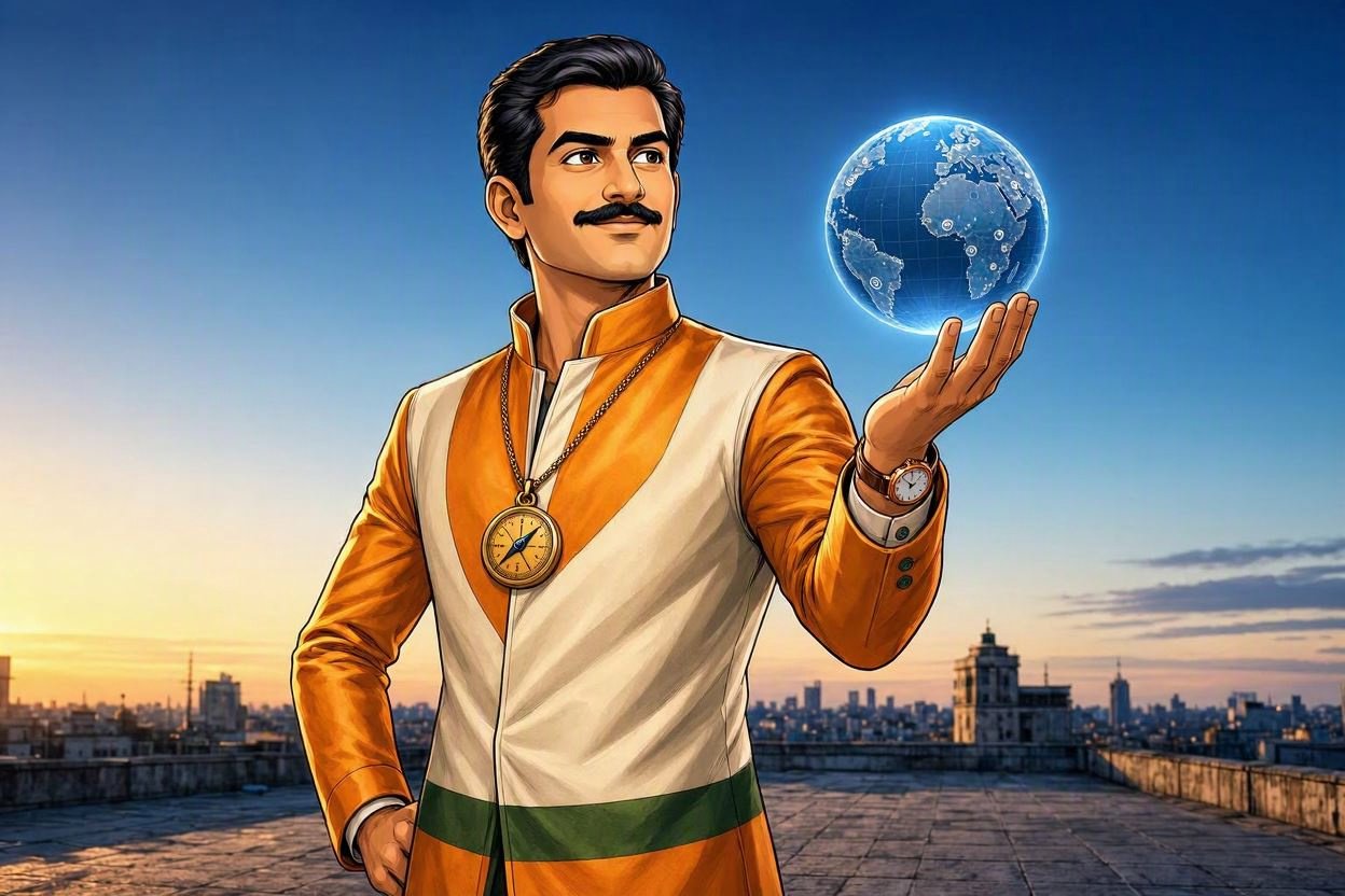 India Standard Time as a man in a saffron-and-white kurta holding a glowing world globe and an antique pocket watch, city skyline at dusk behind him.