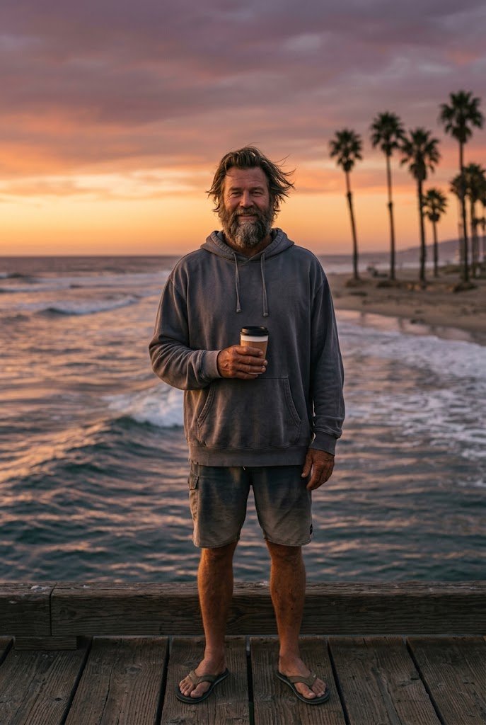 Pacific Time as a laid-back beach local in a hoodie holding a coffee at sunset, palm trees behind.